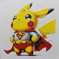 Framed 3D layered art piece from image_9b5630.png featuring an adorable illustration of a cute yellow electric mouse character wearing a detailed silver superhero armor suit with a prominent red and yellow chest emblem, a flowing red cape, and a yellow belt against a light gray background.