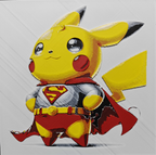 Framed 3D layered art piece from image_9b5630.png featuring an adorable illustration of a cute yellow electric mouse character wearing a detailed silver superhero armor suit with a prominent red and yellow chest emblem, a flowing red cape, and a yellow belt against a light gray background.