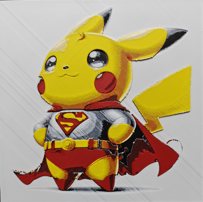 Framed 3D layered art piece from image_9b5630.png featuring an adorable illustration of a cute yellow electric mouse character wearing a detailed silver superhero armor suit with a prominent red and yellow chest emblem, a flowing red cape, and a yellow belt against a light gray background.