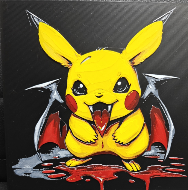 Framed 3D layered art piece featuring a spooky yet cute illustration of a yellow electric mouse character styled as a vampire demon with sharp fangs, a bleeding tongue, and skeletal bat wings, standing over a puddle of red blood against a dark background.