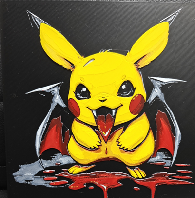 Framed 3D layered art piece featuring a spooky yet cute illustration of a yellow electric mouse character styled as a vampire demon with sharp fangs, a bleeding tongue, and skeletal bat wings, standing over a puddle of red blood against a dark background.