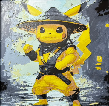 Framed 3D layered art piece featuring Electric mouse warrior in yellow palette in a black frame