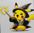 Framed 3D layered art piece featuring an adorable illustration of a cute yellow electric mouse character dressed as a magic school wizard student, wearing a pointed hat, striped tie, and dark robe while casting yellow electrical sparks from a wand.