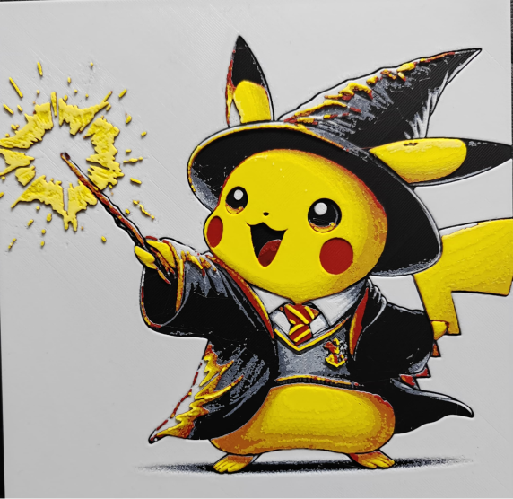 Framed 3D layered art piece featuring an adorable illustration of a cute yellow electric mouse character dressed as a magic school wizard student, wearing a pointed hat, striped tie, and dark robe while casting yellow electrical sparks from a wand.