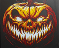 Framed 3D layered art piece featuring a menacing, evil jack-o'-lantern pumpkin monster with sharp jagged teeth and glowing yellow eyes against a dark background.