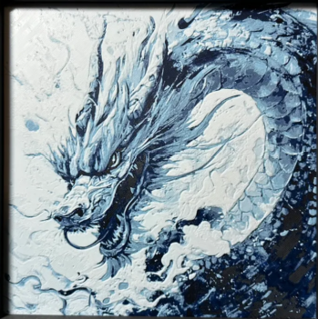 Framed 3D layered art piece featuring fantasy ice dragon in blue palette in a black frame