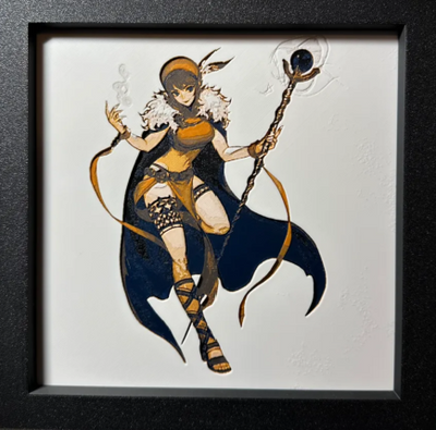 Framed 3D layered art piece featuring fantasy mage in gold and black palette in a black frame