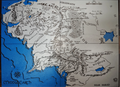 Fantasy map framed layered 3D art with blue water accents