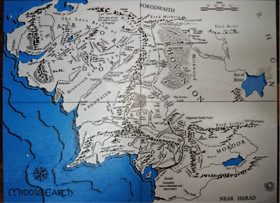 Fantasy map framed layered 3D art with blue water accents