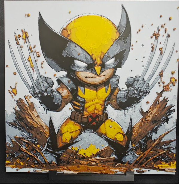 Framed 3D layered art piece featuring a dynamic cartoon illustration of a fierce comic book hero with extended sharp claws, wearing a classic yellow, blue, and black masked costume in an aggressive action pose.