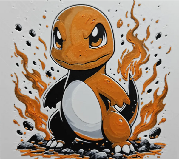 Fire lizard monster framed layered 3D art with orange flame accents
