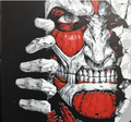 Framed 3D layered art piece featuring a striking black, white, and red illustration of a massive skinless giant monster showing exposed muscle tissue and a menacing jaw.