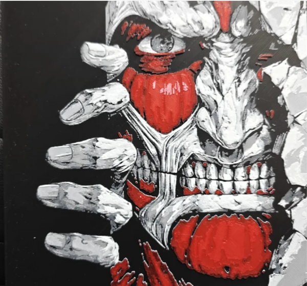 Framed 3D layered art piece featuring a striking black, white, and red illustration of a massive skinless giant monster showing exposed muscle tissue and a menacing jaw.