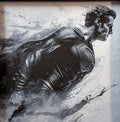 Framed 3D layered art piece featuring a flying superhero in grayscale.