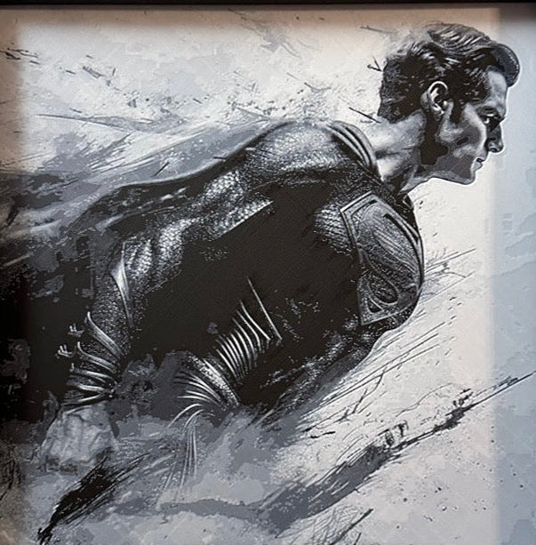 Framed 3D layered art piece featuring a flying superhero in grayscale.
