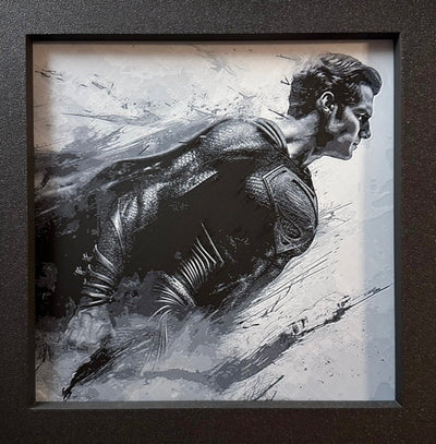 Framed 3D layered art piece featuring a flying superhero in grayscale.