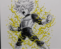 Framed 3D layered art piece from image_8d3484.png featuring a detailed illustration of a determined young anime warrior with spiky hair, wearing battle armor chest plate, surrounded by a vibrant yellow-gold energy aura with crackling electric lightning effects against a light background.