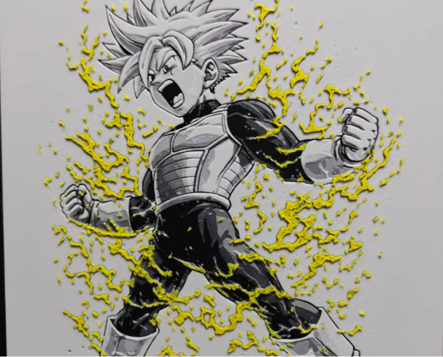 Framed 3D layered art piece from image_8d3484.png featuring a detailed illustration of a determined young anime warrior with spiky hair, wearing battle armor chest plate, surrounded by a vibrant yellow-gold energy aura with crackling electric lightning effects against a light background.