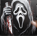 Framed 3D layered art piece featuring a striking graphic illustration of an iconic horror movie killer character wearing a white ghost mask and hood, holding up a large knife dripping with red blood against a dark background with blood splatter accents.