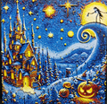 Framed 3D layered art piece featuring a vibrant impressionist style mashup of a starry night sky over a gothic Halloween landscape, showcasing a glowing mansion on the left, carved pumpkins in the foreground, and a skeleton character silhouette on a swirling hill against a large full moon.