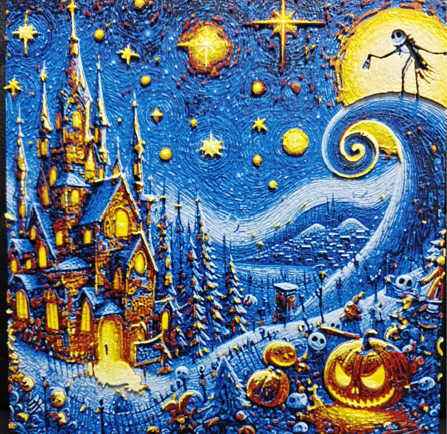 Framed 3D layered art piece featuring a vibrant impressionist style mashup of a starry night sky over a gothic Halloween landscape, showcasing a glowing mansion on the left, carved pumpkins in the foreground, and a skeleton character silhouette on a swirling hill against a large full moon.