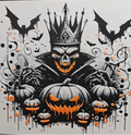 Framed 3D layered art piece from image_083b43.png featuring a detailed gothic skull character wearing a spiky black crown, surrounded by flying bats and holding a carved orange Halloween jack-o'-lantern on a light background.