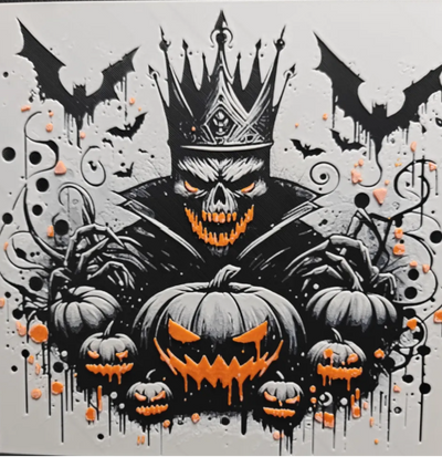 Framed 3D layered art piece from image_083b43.png featuring a detailed gothic skull character wearing a spiky black crown, surrounded by flying bats and holding a carved orange Halloween jack-o'-lantern on a light background.