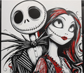 Framed 3D layered art piece from image_8f8524.png featuring a stylized grayscale illustration of a skeletal gentleman and a stitched ragdoll lady leaning close together, featuring her vibrant red hair and lips as a striking pop of color.