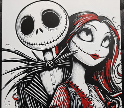 Framed 3D layered art piece from image_8f8524.png featuring a stylized grayscale illustration of a skeletal gentleman and a stitched ragdoll lady leaning close together, featuring her vibrant red hair and lips as a striking pop of color.