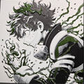 Framed 3D layered art piece featuring a detailed grayscale illustration of a heroic anime character with messy hair and a costume collar, surrounded by vibrant green crackling electrical energy and aura effects.