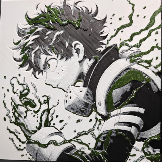 Framed 3D layered art piece featuring a detailed grayscale illustration of a heroic anime character with messy hair and a costume collar, surrounded by vibrant green crackling electrical energy and aura effects.