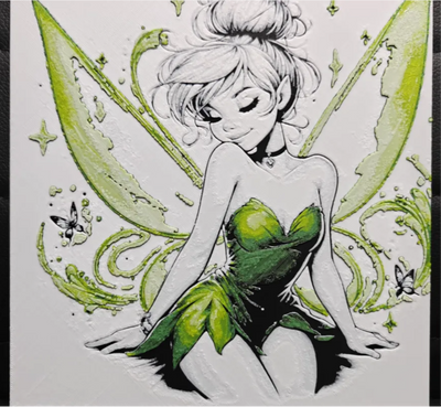 Green fairy framed layered 3D art with wings and floral accents