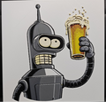 Framed 3D layered art piece featuring a humorous illustration of a classic grey sci-fi robot character grinning while holding up a tall, foaming glass of yellow beer against a white background.