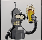 Framed 3D layered art piece featuring a humorous illustration of a classic grey sci-fi robot character grinning while holding up a tall, foaming glass of yellow beer against a white background.
