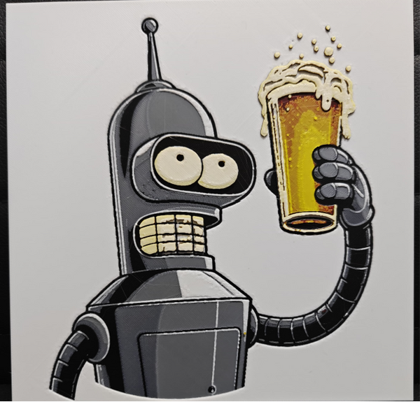Framed 3D layered art piece featuring a humorous illustration of a classic grey sci-fi robot character grinning while holding up a tall, foaming glass of yellow beer against a white background.