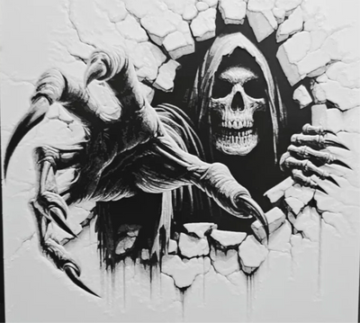 Framed 3D layered art piece featuring a detailed grayscale illustration of a grim reaper skeleton wearing a dark hood, wielding a scythe, and breaking through a cracked wall backdrop.