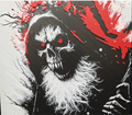 Grim reaper skull framed layered 3D art with red accent background detail