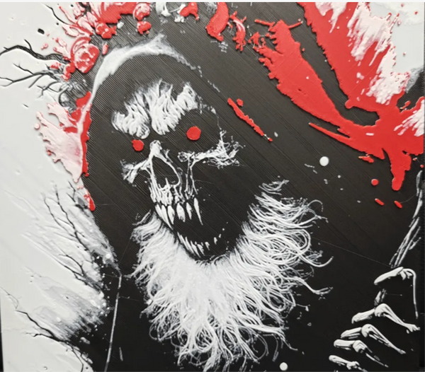 Grim reaper skull framed layered 3D art with red accent background detail