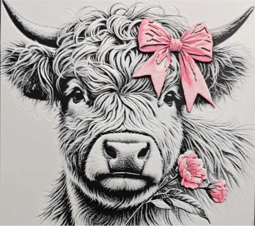 Highland cow bow framed layered 3D art with pink bow and flower accents