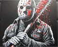 Hockey mask horror framed layered 3D art with red slash accents