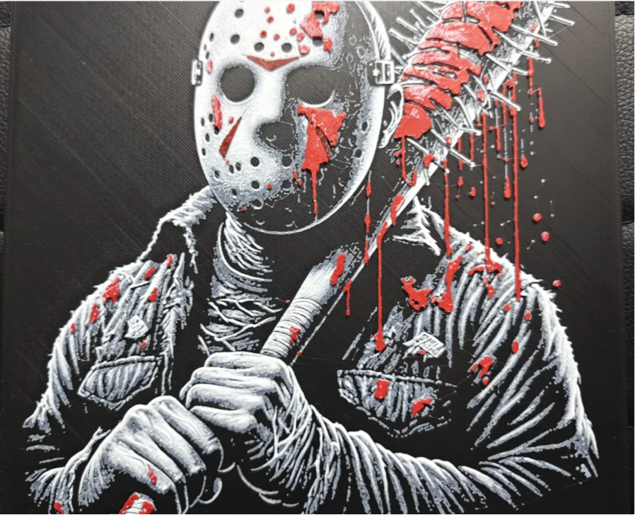 Hockey mask horror framed layered 3D art with red slash accents