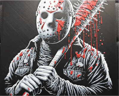 Hockey mask horror framed layered 3D art with red slash accents