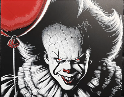 Horror clown framed layered 3D art with red eyes and balloon accents