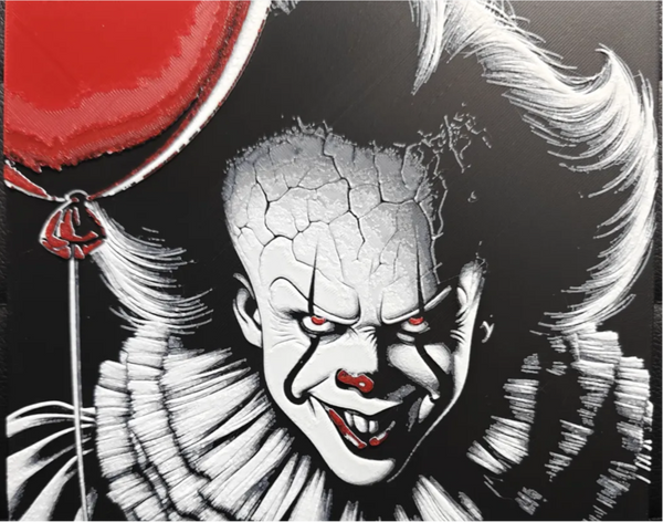 Horror clown framed layered 3D art with red eyes and balloon accents