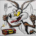 Framed 3D layered art piece from image_8e897e.png featuring a vibrant illustration of a classic, crazed cartoon coyote holding a fork and knife looking ready to eat, sitting right next to a bundle of red dynamite sticks with a yellow label.