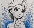 Framed 3D layered art piece from image_905416.png featuring a detailed grayscale portrait of a popular animated snow queen character with a side braid and striking blue eyes, surrounded by a swirling flurry of vibrant blue snowflakes and ice magic details.