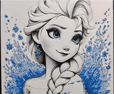 Framed 3D layered art piece from image_905416.png featuring a detailed grayscale portrait of a popular animated snow queen character with a side braid and striking blue eyes, surrounded by a swirling flurry of vibrant blue snowflakes and ice magic details.