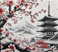 Framed 3D layered art piece from image_9053f4.png featuring a scenic Japanese landscape with Mount Fuji and a multi-tiered traditional pagoda in detailed grayscale, accented beautifully by a striking pop of red cherry blossoms in the foreground.