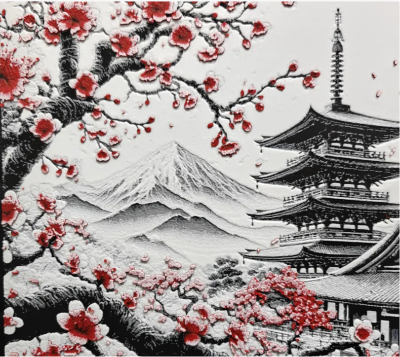 Framed 3D layered art piece from image_9053f4.png featuring a scenic Japanese landscape with Mount Fuji and a multi-tiered traditional pagoda in detailed grayscale, accented beautifully by a striking pop of red cherry blossoms in the foreground.