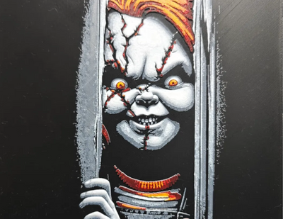Framed 3D layered art piece featuring a detailed portrait of a creepy, stitched killer doll with bright orange hair and a menacing smile peeking out from behind dark window blinds.